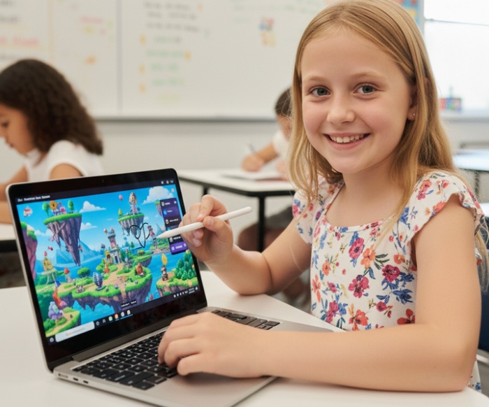 Student creating worlds with AI